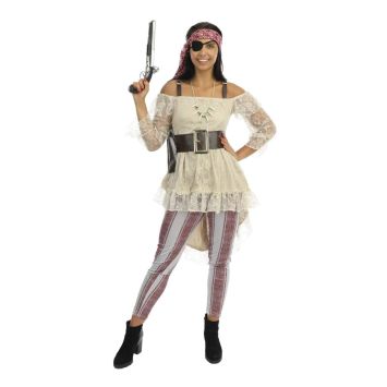 Déguisement femme pirate corsaire avec pantalon rayé et haut en dentelle | jourdefete.com