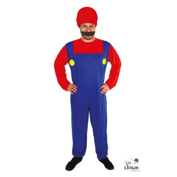 Déguisement homme plombier rouge et bleu avec chapeau et moustache | jourdefete.com