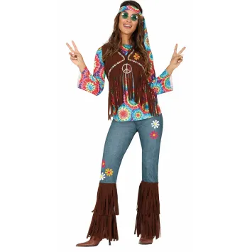 Déguisement hippie femme robe longue fleurie années 70 avec bandeau et gilet à franges | jourdefete.com
