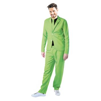Déguisement pour homme vert flashy avec le pantalon, la cravate et la veste, le tout de la même couleur pour une soirée année 80.