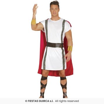 Déguisement homme guerrier romain avec tunique blanche, cape rouge et accessoires dorés