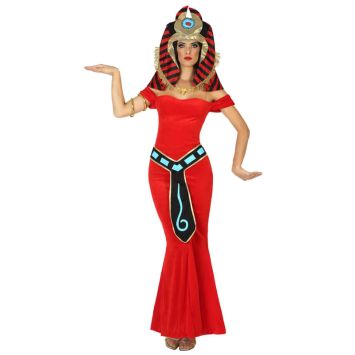 Déguisement femme reine égyptienne luxe avec robe rouge moulante et coiffe pharaonique dorée et noire.