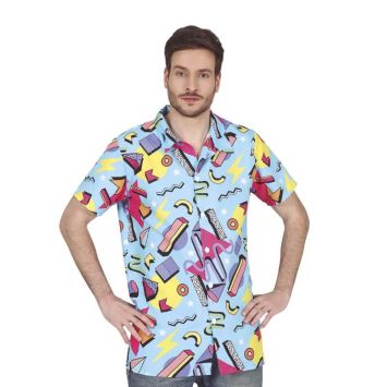 Chemise homme à motifs rétro colorés style années 80, idéale pour soirée déguisée ou carnaval.