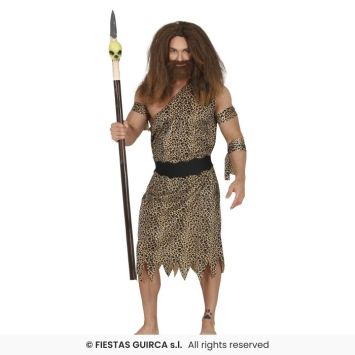 Déguisement pour homme composé d'une tunique sous le genou de couleur léopard et avec une seule bretelle asymétrique. Il y a également des bandeaux à disposer sur les bras.