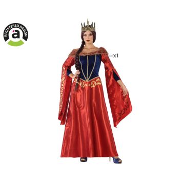 Déguisement reine médiévale rouge et bleu pour femme avec manches longues évasées et couronne dorée | jourdefete.com