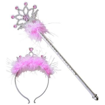 Diadème et baguette magique de princesse à plumes roses | jourdefete.com