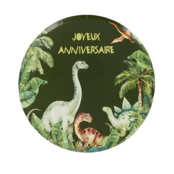 Assiettes vertes dinosaures anniversaire avec message "Joyeux Anniversaire" et jungle tropicale | jourdefete.com