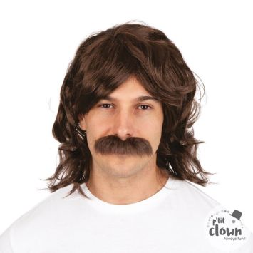 Perruque disco brune avec moustache