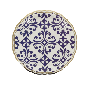 Assiettes en papier Dolce Vita 23 cm bleu roi, blanc et or | jourdefete.com
