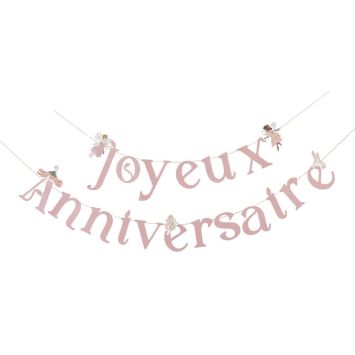 Guirlande Joyeux Anniversaire rose pastel avec fées et fleurs pour fête d’enfants | jourdefete.com