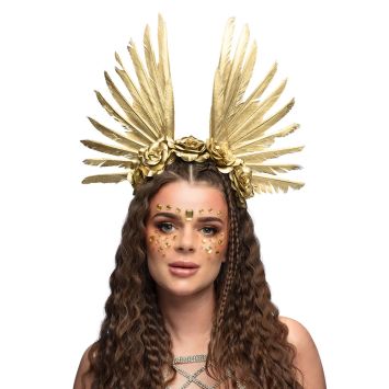 Serre-tête couronne de plumes dorées avec roses pour déguisement de déesse | jourdefete.com