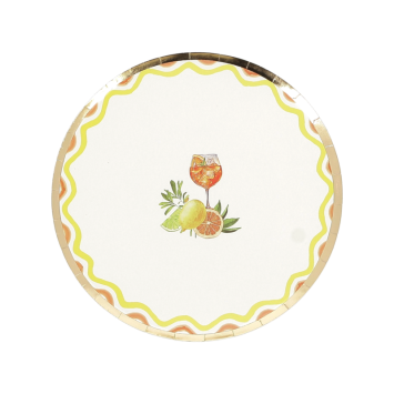 Assiettes en carton Fizz Agrume Ø23cm avec liseré doré et motif citron-orange | jourdefete.com