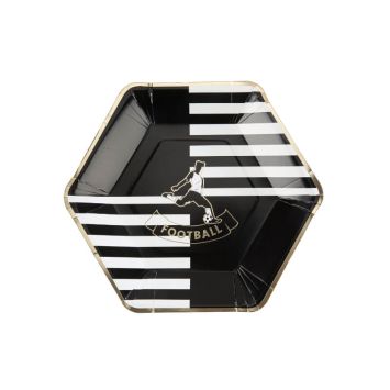 8 assiettes hexagonales noires, blanches et dorées football