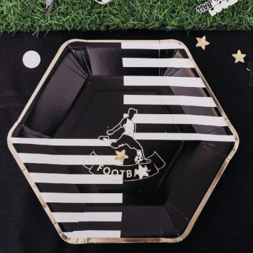 8 Assiettes Hexagonales - Football - Noir, Blanc et Or