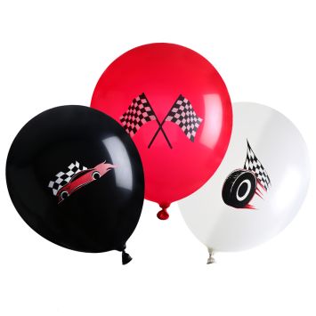 Ballons de fête avec motifs de voiture de course, drapeau à damier et pneu | jourdefete.com