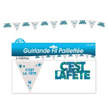 Guirlande pailletée d’anniversaire "C'est la fête" - Turquoise et argenté