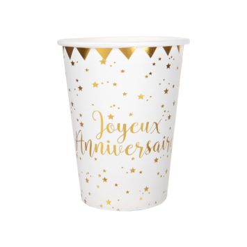 10 Gobelets "Joyeux Anniversaire" - Blanc / Or