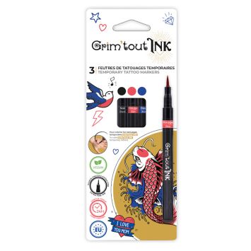 3 feutres de tatouages temporaires - Noir, rouge et bleu - Grim'tout Ink