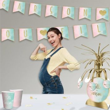 Guirlande de fanions avec lettres et ruban - Fille ou Garçon ? - Collection Gender Reveal