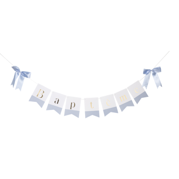 Guirlande fanions "Baptême" bleu orage et or avec nœuds | jourdefete.com