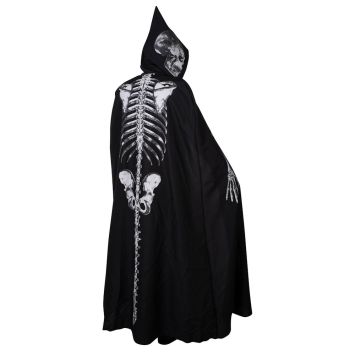 Cape squelette noire avec impression osseuse et capuche tête de mort | jourdefete.com