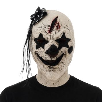 Masque latex clown psycho blanc avec mèche noire et cicatrice pour Halloween | jourdefete.com