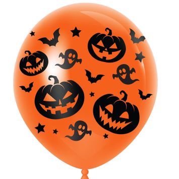 Ballons oranges d'Halloween de 30 cm imprimé de citrouilles, fantômes et chauves-souris noires | jourdefete.com