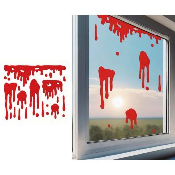 Décoration adhésive en gel rouge représentant des coulures de sang réalistes sur une vitre pour Halloween | jourdefete.com