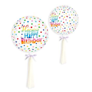 Ballon transparent multicolore Happy Birthday à pois pour anniversaire | jourdefete.com