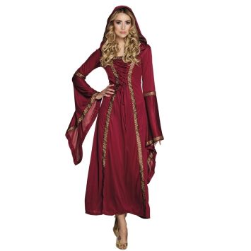 Déguisement médiéval pour femme avec longue robe bordeaux à capuche et manches évasées décorées de galons dorés | jourdefete.com