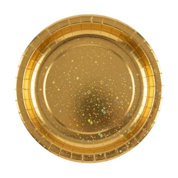 Assiettes en carton dorée avec des étoiles holographiques brillantes pour décoration de table de fête | jourdefete.com