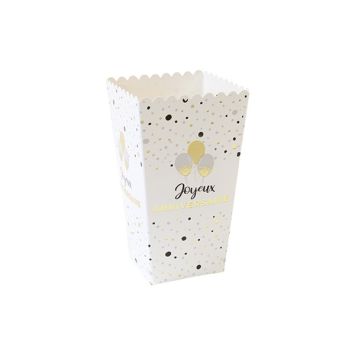 Boîtes à popcorn Joyeux Anniversaire blanches et dorées | jourdefete.com