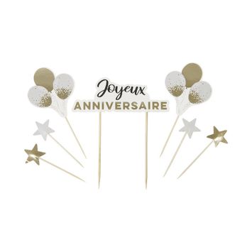 Kit décoration gâteau "Joyeux Anniversaire" avec ballons et étoiles dorées | jourdefete.com