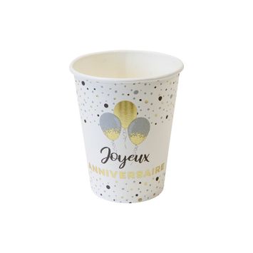 Gobelets "Joyeux Anniversaire" blancs et dorés avec ballons | jourdefete.com