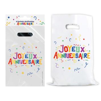 6 sachets "Joyeux Anniversaire" en plastique - Collection Récréation Multicolore