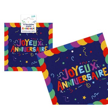12 serviettes "Joyeux Anniversaire" en papier - 33 x 33 cm - Collection Récréation Multicolore