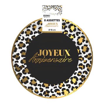 8 assiettes "Joyeux Anniversaire" en carton - Diamètre 18 cm - Collection Léopard