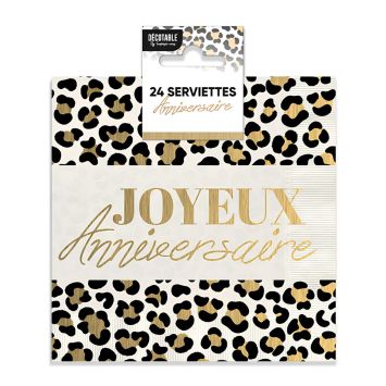 24 serviettes "Joyeux Anniversaire" en papier - 33 x 33 cm - Collection Léopard