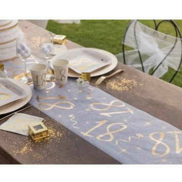 Chemin de Table Anniversaire - Blanc et Or - 18 ans