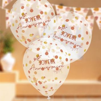 Sachet de 6 ballons à confettis - Joyeux Anniversaire - Collection Terracotta