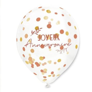 Sachet de 6 ballons à confettis - Joyeux Anniversaire - Collection Terracotta | jourdefete.com