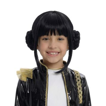 Perruque k-pop noire pour enfant avec frange et chignons tressés | jourdefete.com