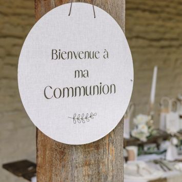Panneau "Bienvenue à ma communion" - Diamètre 38 cm - Collection Communion Effet Lin et Or