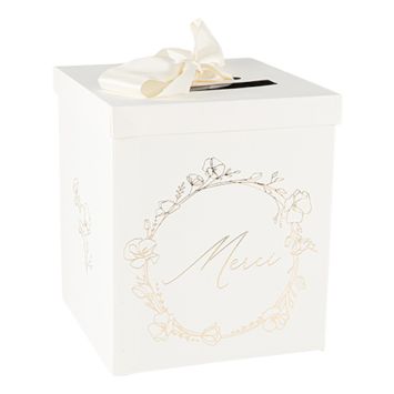 Urne "Merci" FSC® - 21 x 21 x 25 cm - Collection Baptême Crème et Or