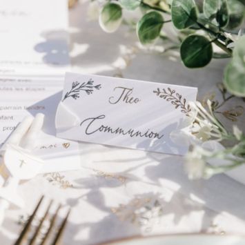 10 marque-places en papier FSC® - 8 x 4 cm - Collection Communion Blanc et Or