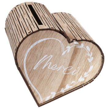 Tirelire en bois naturel en forme de cœur avec inscription "Merci" | jourdefete.com