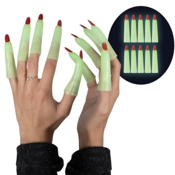 Faux doigts de sorcière phosphorescents avec griffes rouges pour Halloween | jourdefete.com