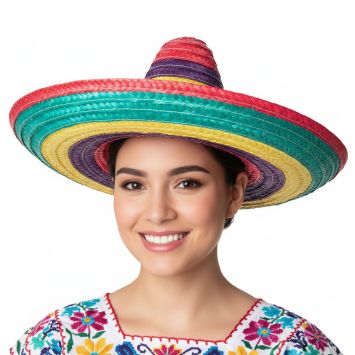 Sombrero mexicain multicolore porté pour une fête ou un déguisement | jourdefete.com