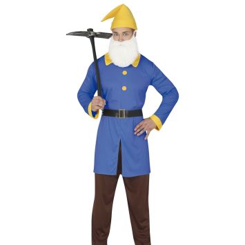 Homme portant un déguisement de nain avec tunique bleue et bonnet jaune | jourdefete.com