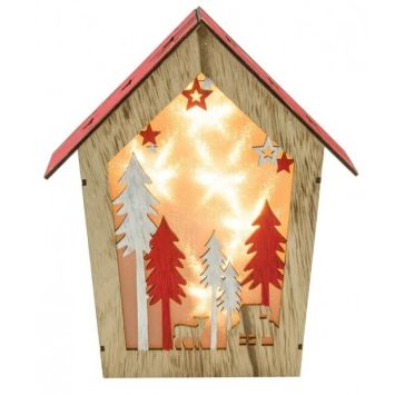 Décoration à poser Noël - Bois - Maison Lumineuse avec Forêt et Biche | jourdefete.com